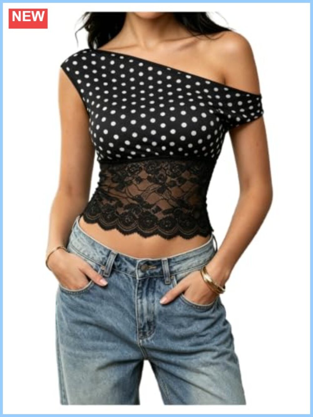Women Polka Dots Off Shoulder Lace Trim Sleeveless Tank Top